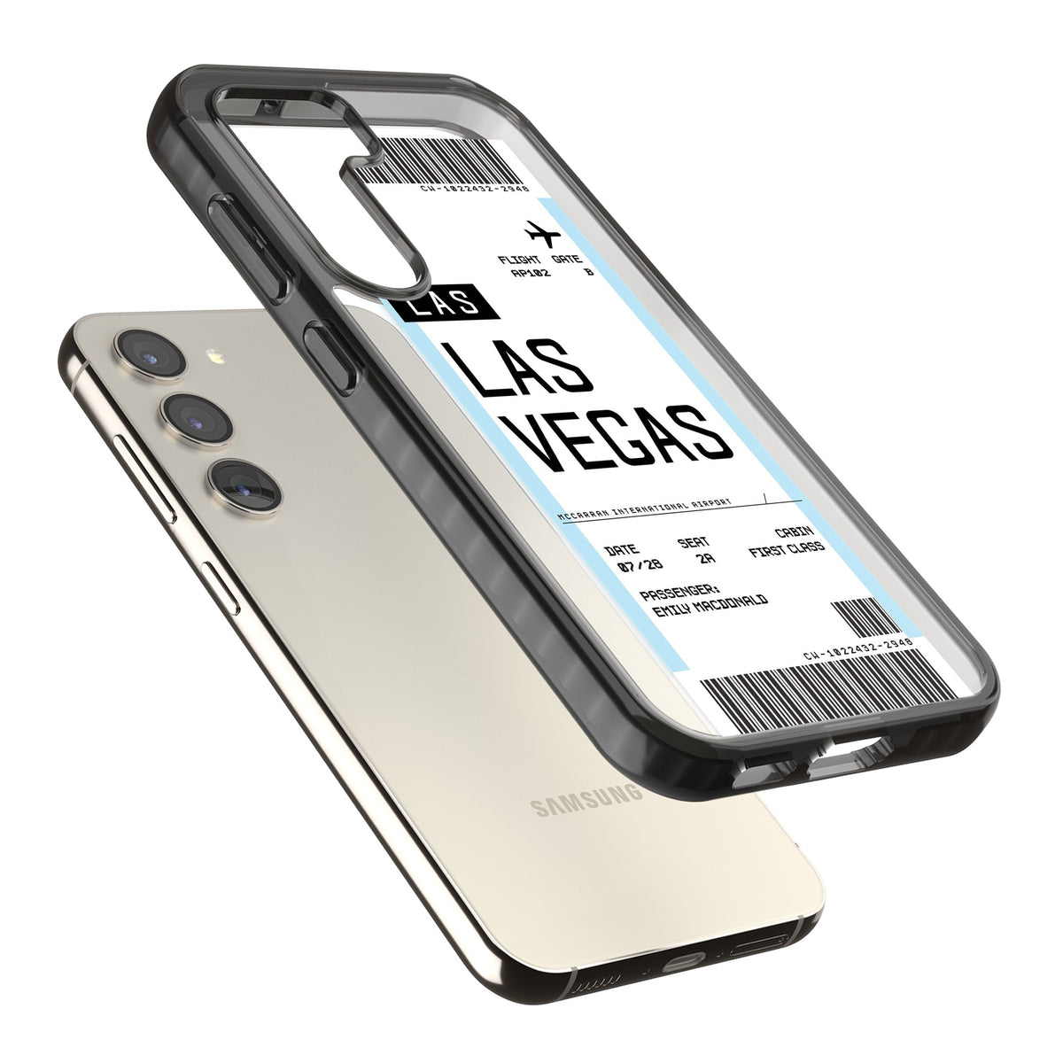 Personalised Las Vegas Boarding Pass Samsung S22 / Samsung S22 Plus / Samsung S23 / Samsung S23 Plus / Samsung S24 / Samsung S24 Plus Impact Black Phone Case angled