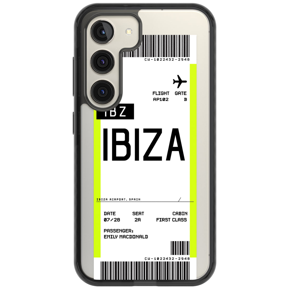 Personalised Ibiza Boarding Pass Samsung S22 / Samsung S22 Plus / Samsung S23 / Samsung S23 Plus / Samsung S24 / Samsung S24 Plus Impact Black Phone Case front