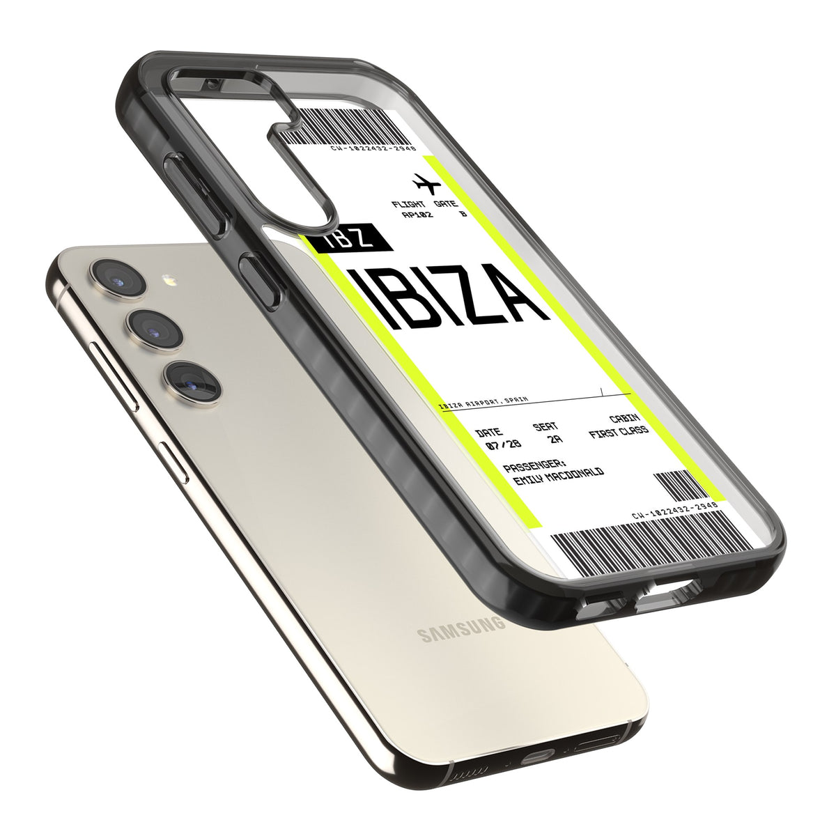 Personalised Ibiza Boarding Pass Samsung S22 / Samsung S22 Plus / Samsung S23 / Samsung S23 Plus / Samsung S24 / Samsung S24 Plus Impact Black Phone Case angled