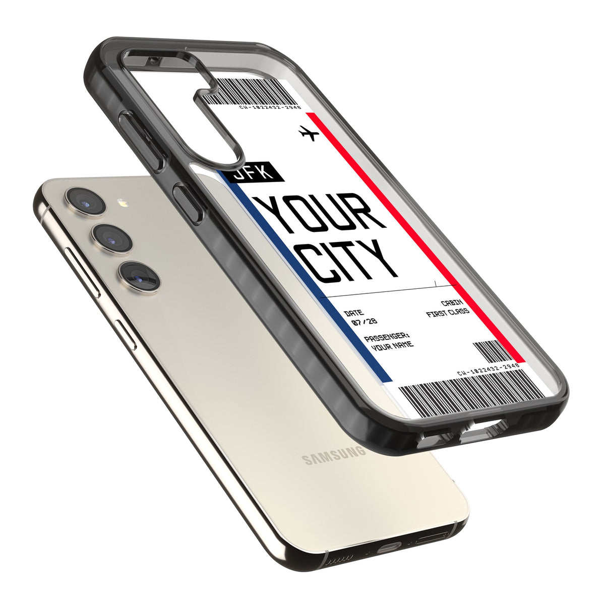 Personalised Create Your Own Boarding Pass Ticket Samsung S22 / Samsung S22 Plus / Samsung S23 / Samsung S23 Plus / Samsung S24 / Samsung S24 Plus Impact Black Phone Case angled