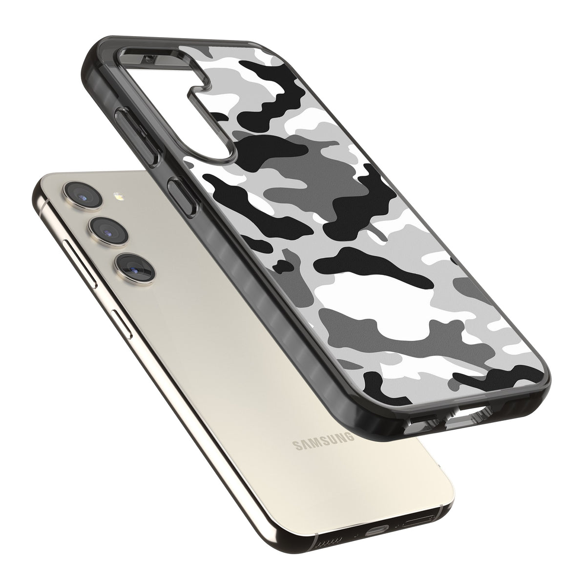 Grey Black Urban Camo Samsung S22 / Samsung S22 Plus / Samsung S23 / Samsung S23 Plus / Samsung S24 / Samsung S24 Plus Impact Black Phone Case angled