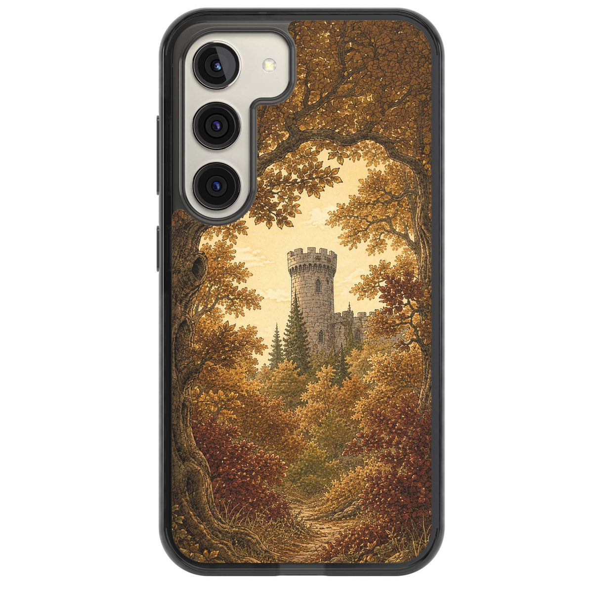 Autumn Keep cottagecore iPhone case featuring a medieval castle tower framed by golden autumn trees and woodland foliage | Black Impact case for Samsung Galaxy S24, Samsung Galaxy S23, Samsung Galaxy S22