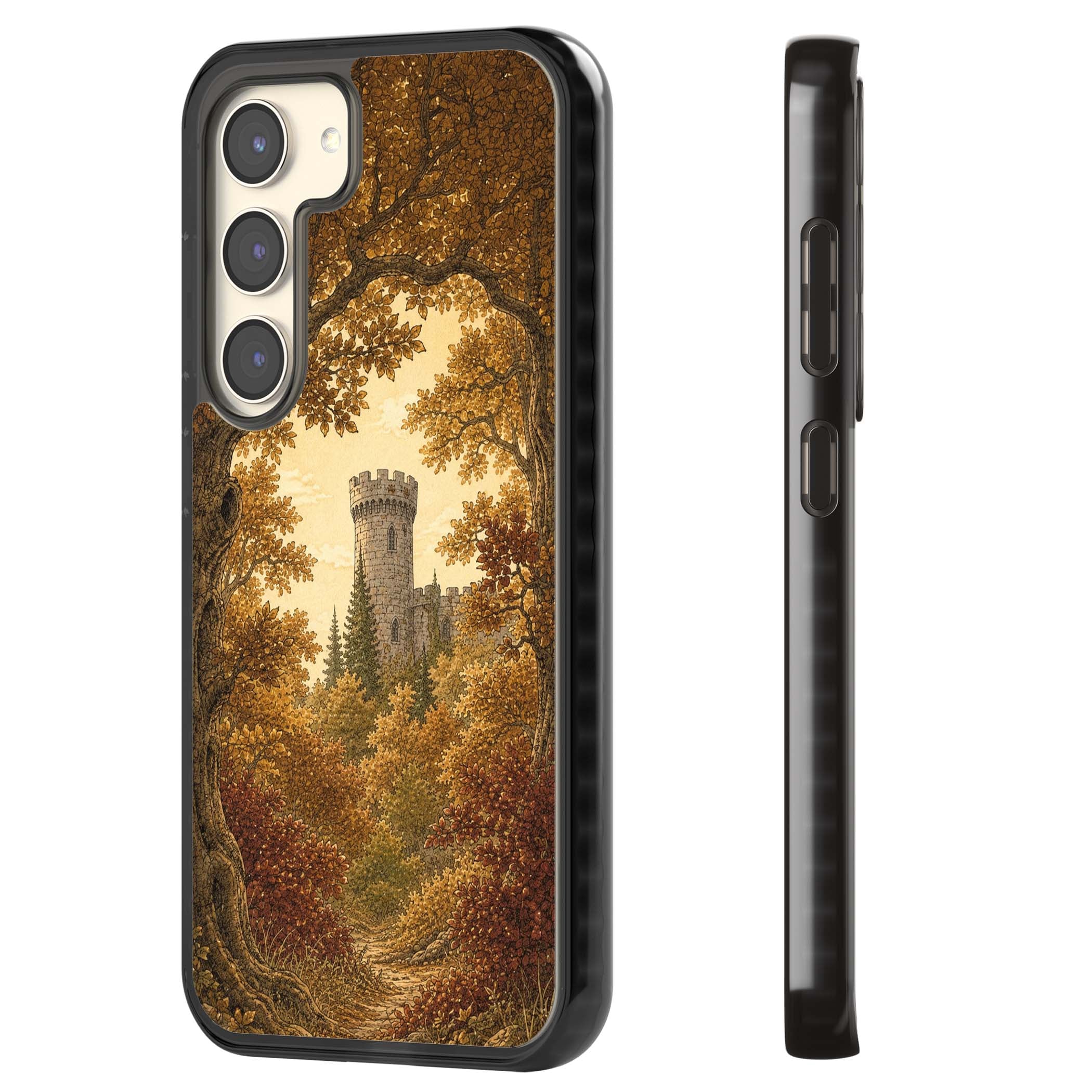 Autumn Keep cottagecore iPhone case featuring a medieval castle tower framed by golden autumn trees and woodland foliage | Black Impact case for Samsung Galaxy S24, Samsung Galaxy S23, Samsung Galaxy S22