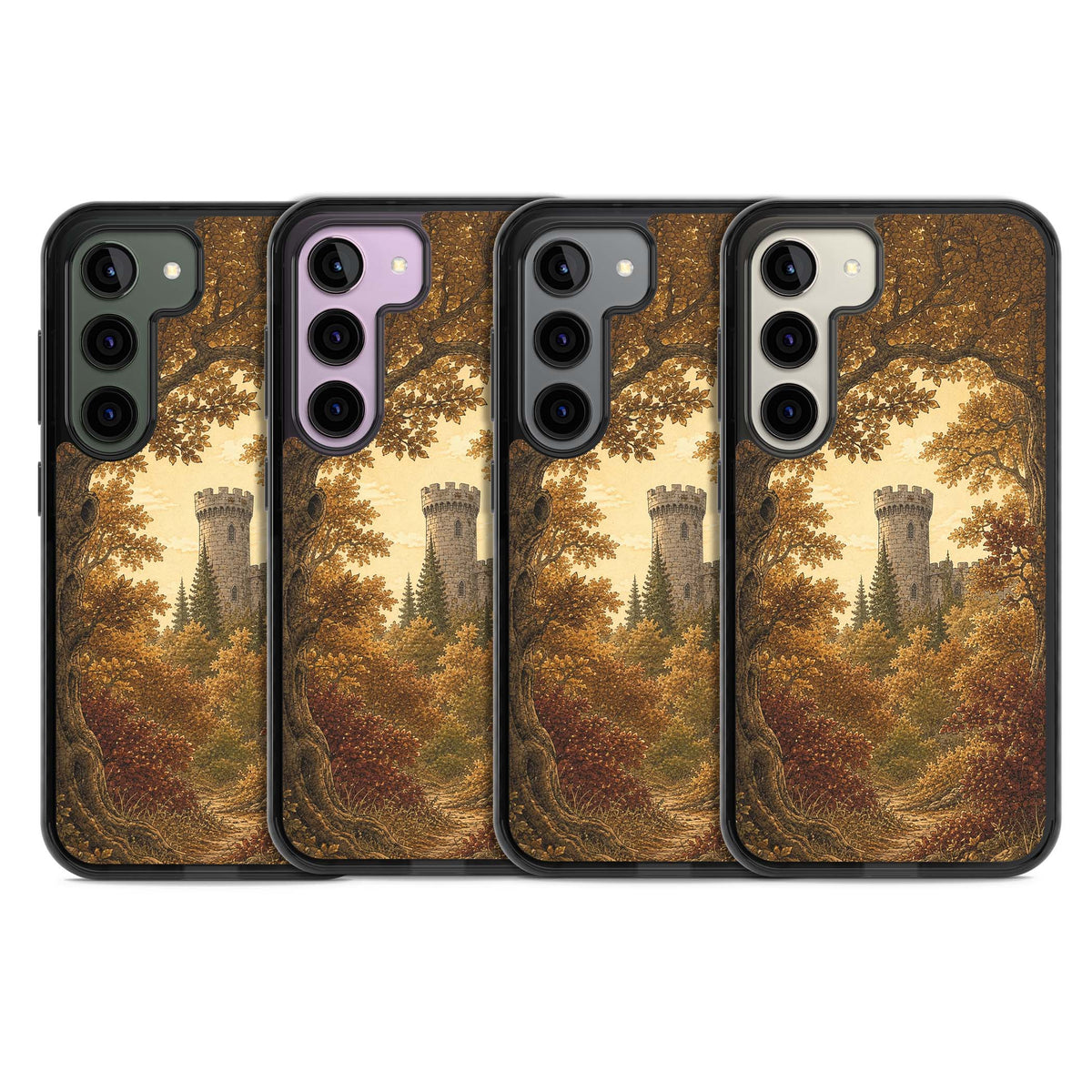 Autumn Keep cottagecore iPhone case featuring a medieval castle tower framed by golden autumn trees and woodland foliage | Black Impact case for Samsung Galaxy S24, Samsung Galaxy S23, Samsung Galaxy S22