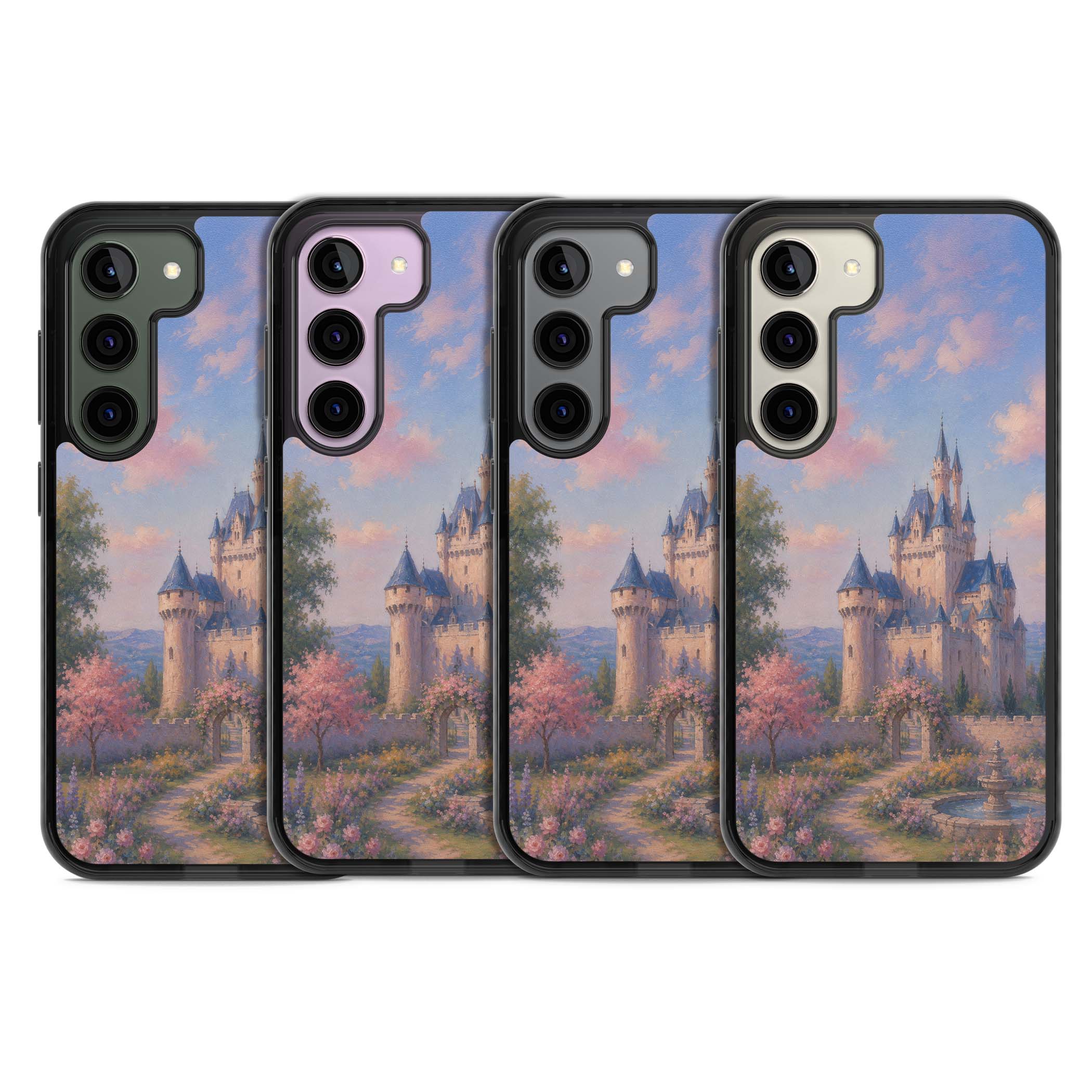 Enchanted Kingdom fairytale iPhone case featuring a romantic castle painting with cherry blossoms and pastel pink sky | Black Impact case for Samsung Galaxy S24, Samsung Galaxy S23, Samsung Galaxy S22