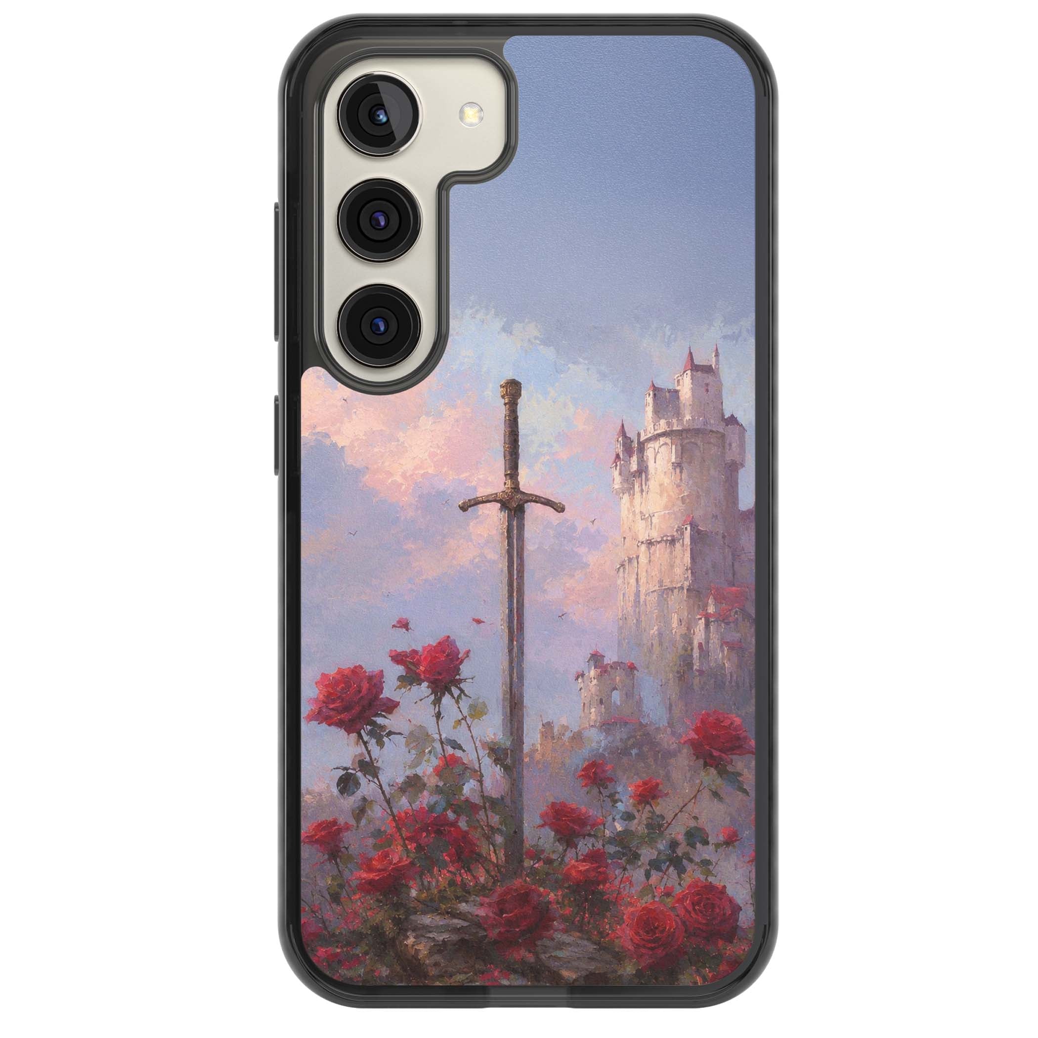 Sword in Roses medieval art iPhone case featuring a sword, red roses, and a misty fairytale castle at sunset | Black Impact case for Samsung Galaxy S24, Samsung Galaxy S23, Samsung Galaxy S22