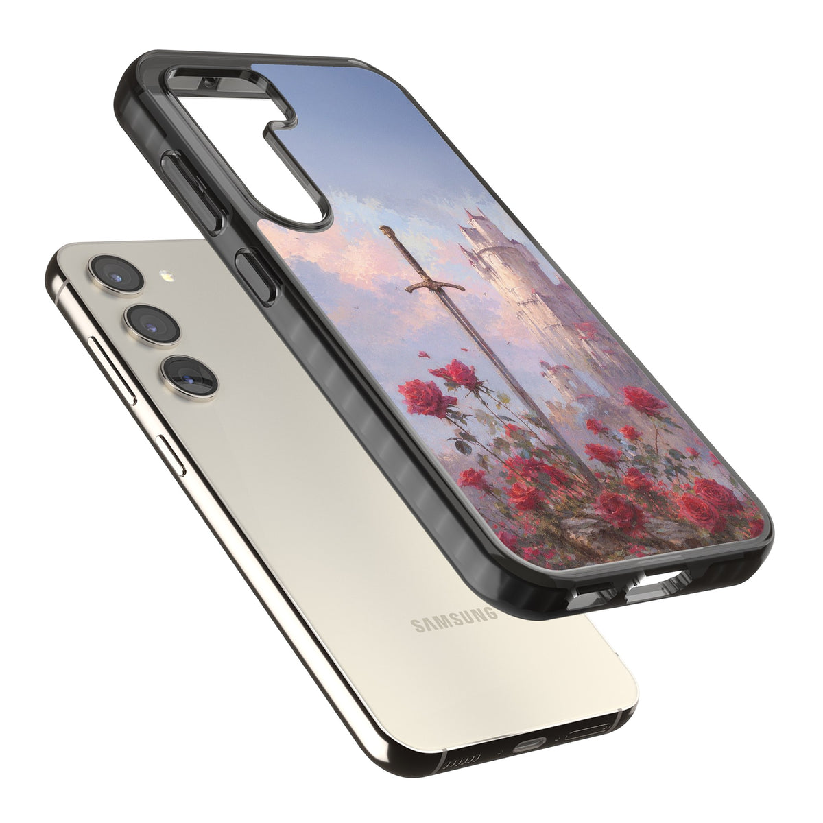 Sword in Roses Samsung S22 / Samsung S22 Plus / Samsung S23 / Samsung S23 Plus / Samsung S24 / Samsung S24 Plus Impact Black Phone Case angled
