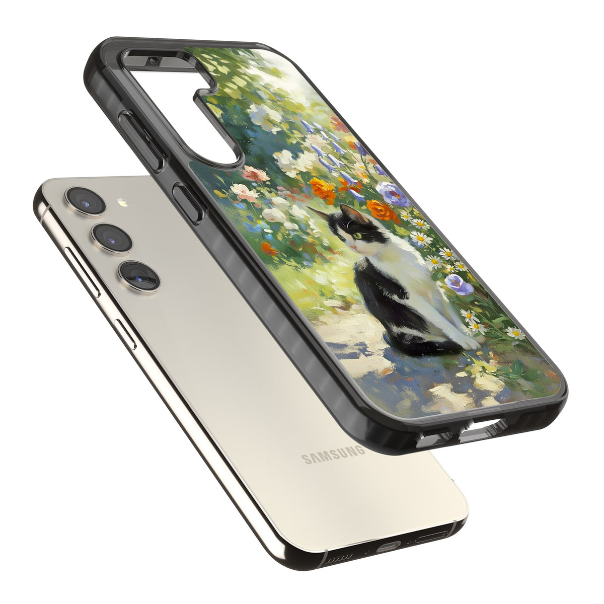 Cat In The Meadow Samsung S22 / Samsung S22 Plus / Samsung S23 / Samsung S23 Plus / Samsung S24 / Samsung S24 Plus Impact Black Phone Case angled