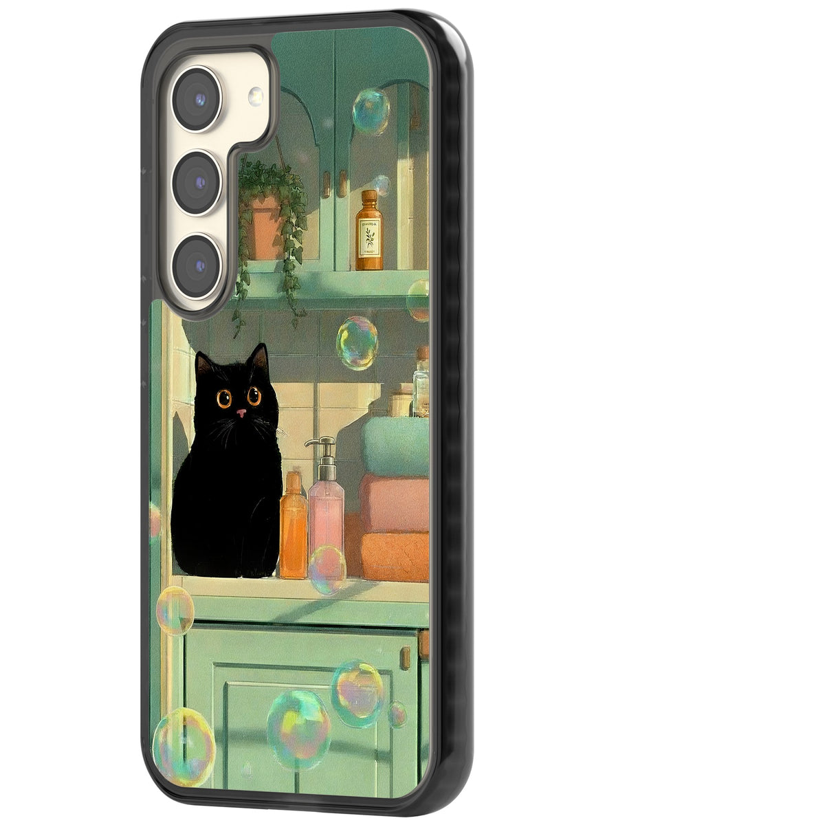 Bathroom Bubble Kitty Samsung S22 / Samsung S22 Plus / Samsung S23 / Samsung S23 Plus / Samsung S24 / Samsung S24 Plus Impact Black Phone Case side