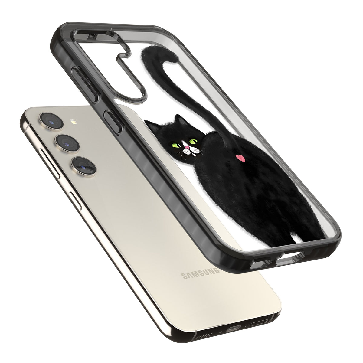 The Cat's Kiss Samsung S22 / Samsung S22 Plus / Samsung S23 / Samsung S23 Plus / Samsung S24 / Samsung S24 Plus Impact Black Phone Case angled