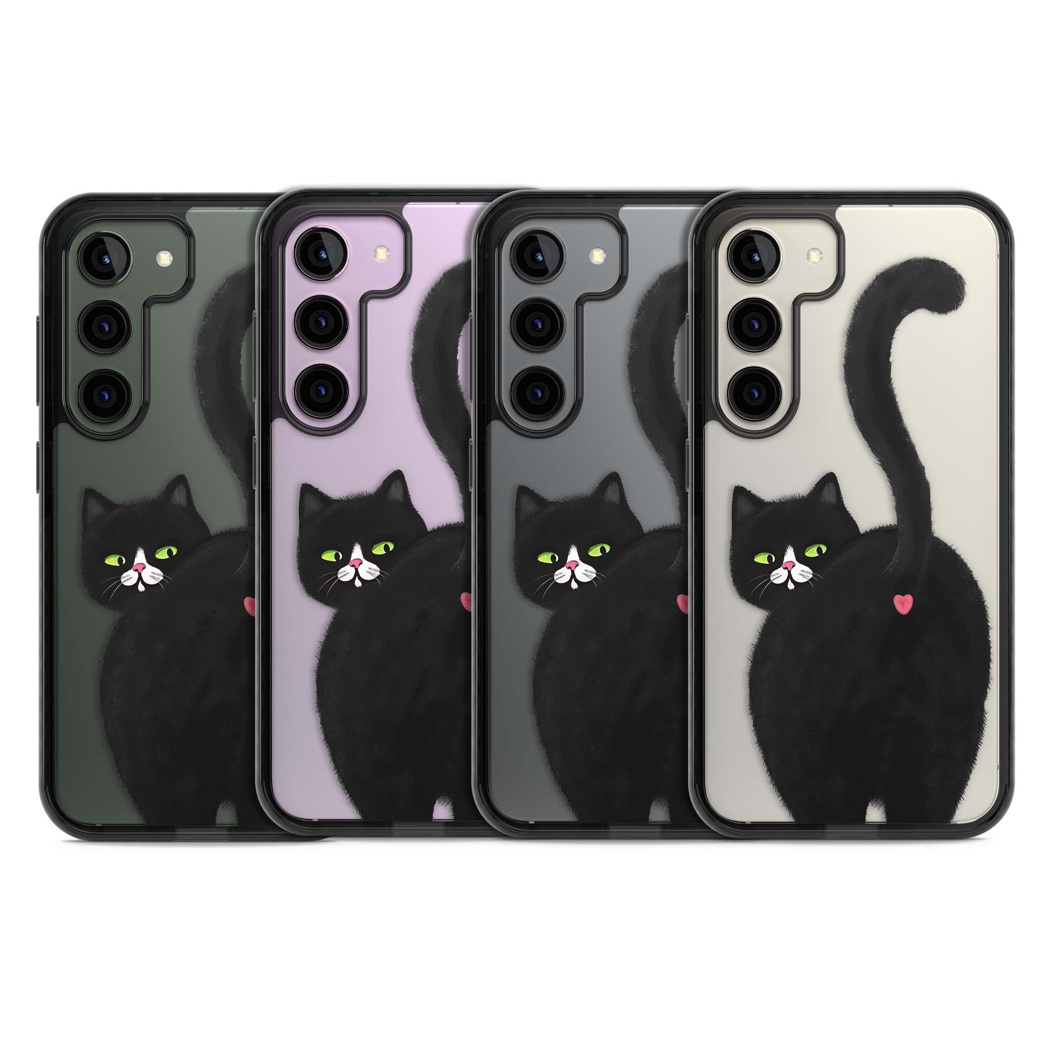 The Cat's Kiss cute cat iPhone case featuring a hand-painted tuxedo kitty with green eyes and a pink heart on a clear | Black Impact case for Samsung Galaxy S24, Samsung Galaxy S23, Samsung Galaxy S22