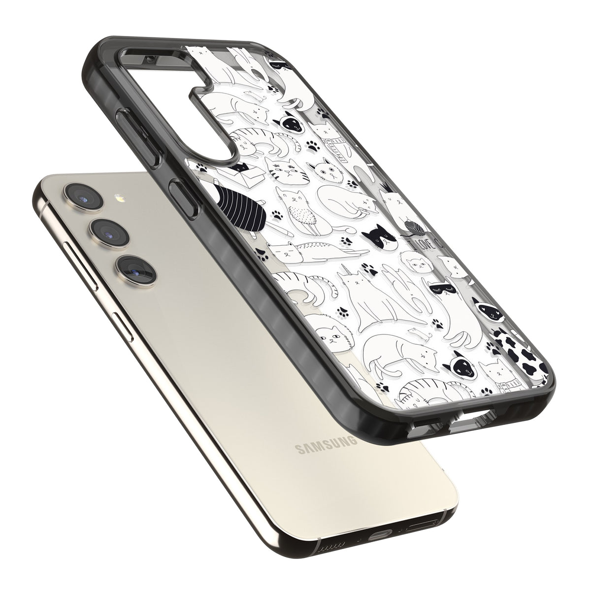 Cartoon Cats (Black & White) Samsung S22 / Samsung S22 Plus / Samsung S23 / Samsung S23 Plus / Samsung S24 / Samsung S24 Plus Impact Black Phone Case angled