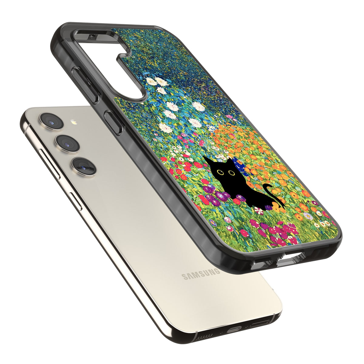 Cat in Klimt's Garden Samsung S22 / Samsung S22 Plus / Samsung S23 / Samsung S23 Plus / Samsung S24 / Samsung S24 Plus Impact Black Phone Case angled