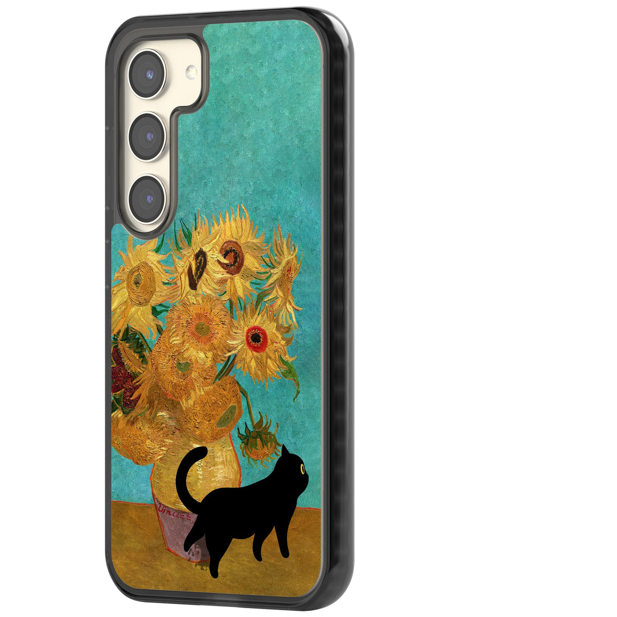 Cat with Van Gogh's Sunflowers Samsung S22 / Samsung S22 Plus / Samsung S23 / Samsung S23 Plus / Samsung S24 / Samsung S24 Plus Impact Black Phone Case side