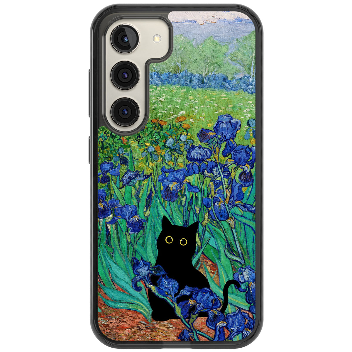 Cat in Van Gogh's Irises Samsung S22 / Samsung S22 Plus / Samsung S23 / Samsung S23 Plus / Samsung S24 / Samsung S24 Plus Impact Black Phone Case front