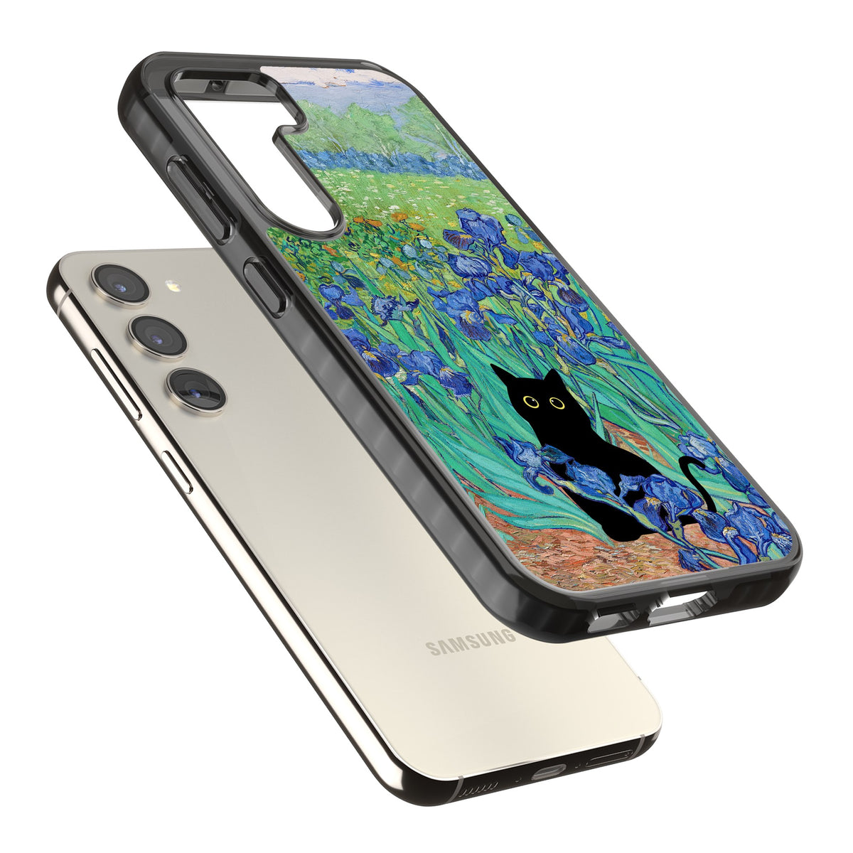 Cat in Van Gogh's Irises Samsung S22 / Samsung S22 Plus / Samsung S23 / Samsung S23 Plus / Samsung S24 / Samsung S24 Plus Impact Black Phone Case angled
