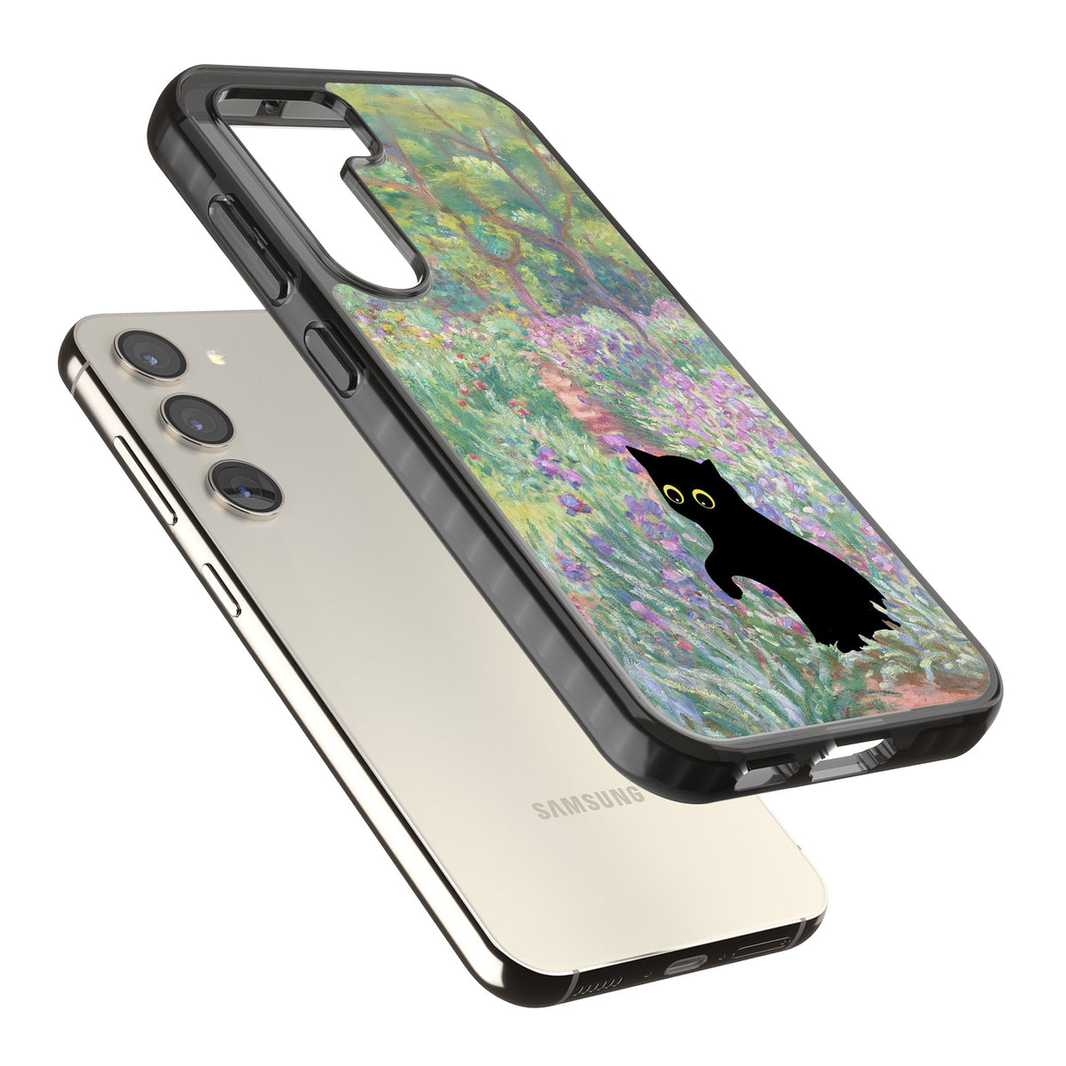 Cat in Monet's Giverny Garden Samsung S22 / Samsung S22 Plus / Samsung S23 / Samsung S23 Plus / Samsung S24 / Samsung S24 Plus Impact Black Phone Case angled