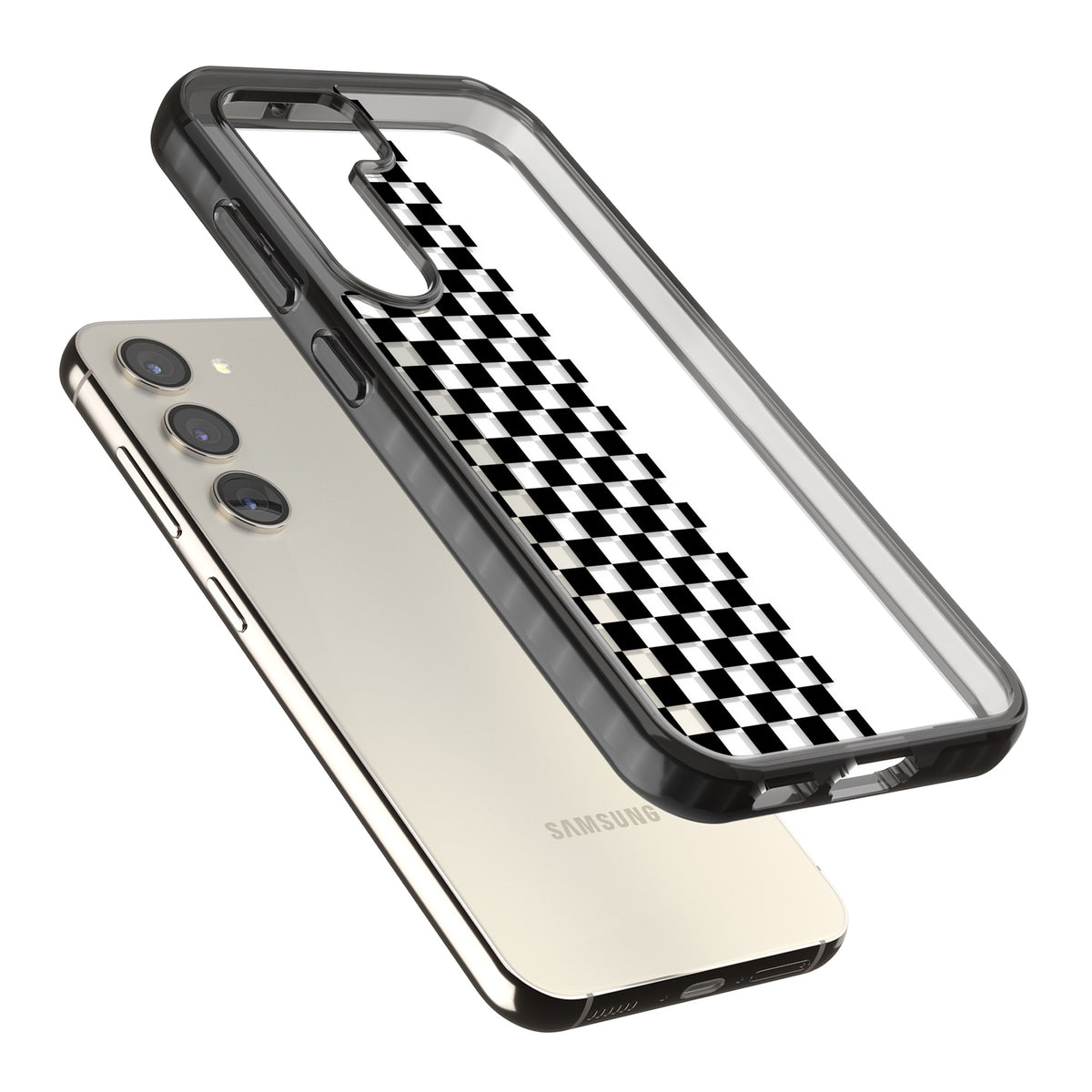 Half Black Check Samsung S22 / Samsung S22 Plus / Samsung S23 / Samsung S23 Plus / Samsung S24 / Samsung S24 Plus Impact Black Phone Case angled