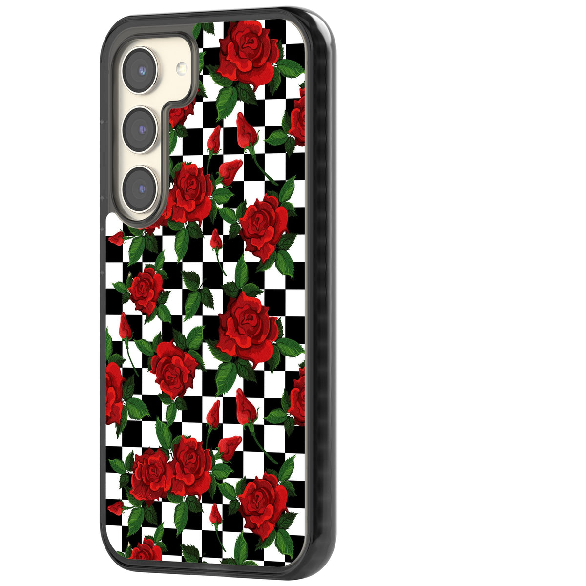 Checkered Roses Samsung S22 / Samsung S22 Plus / Samsung S23 / Samsung S23 Plus / Samsung S24 / Samsung S24 Plus Impact Black Phone Case side