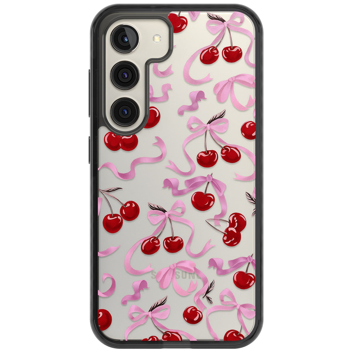 Pink Bow & Cherries Samsung S22 / Samsung S22 Plus / Samsung S23 / Samsung S23 Plus / Samsung S24 / Samsung S24 Plus Impact Black Phone Case front