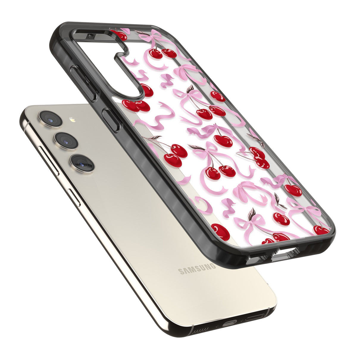 Pink Bow & Cherries Samsung S22 / Samsung S22 Plus / Samsung S23 / Samsung S23 Plus / Samsung S24 / Samsung S24 Plus Impact Black Phone Case angled