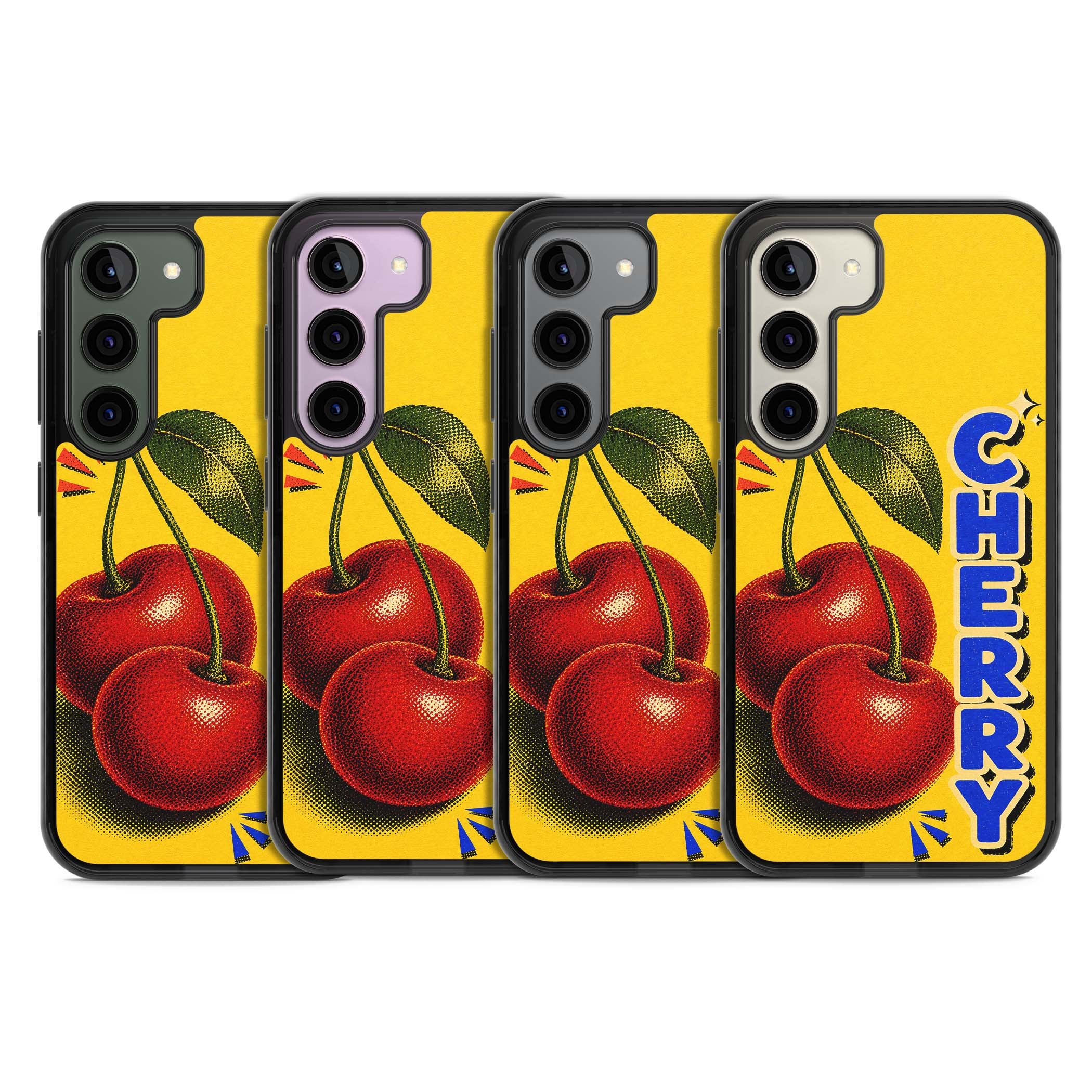 Cherry Yellow y2k iPhone case featuring two red cherries, halftone shading and bold blue CHERRY lettering on yellow | Black Impact case for Samsung Galaxy S24, Samsung Galaxy S23, Samsung Galaxy S22