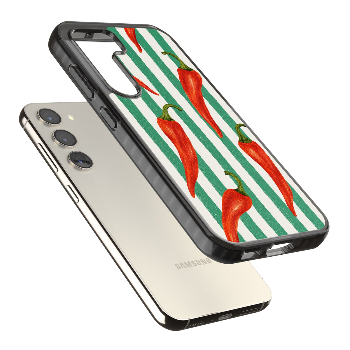 Striped Chillis Samsung S22 / Samsung S22 Plus / Samsung S23 / Samsung S23 Plus / Samsung S24 / Samsung S24 Plus Impact Black Phone Case angled