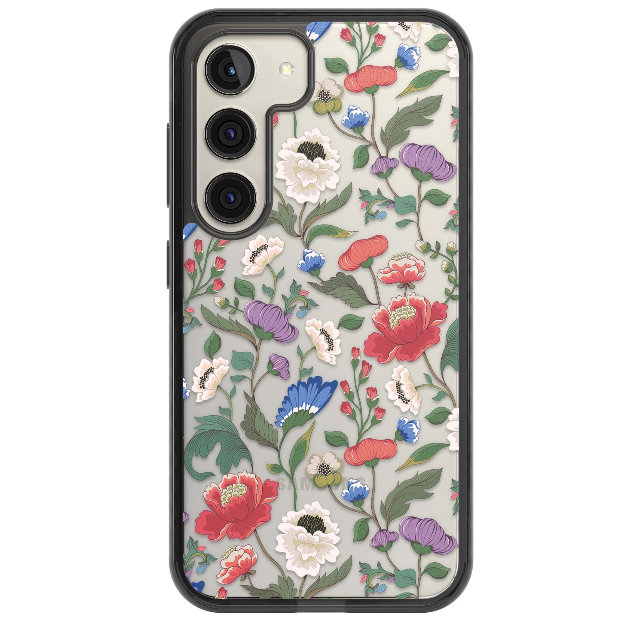 Chinoiserie Bloom vintage floral iPhone case featuring hand-painted peonies, poppies and trailing wildflowers on clear... | Black Impact case for Samsung Galaxy S24, Samsung Galaxy S23, Samsung Galaxy S22