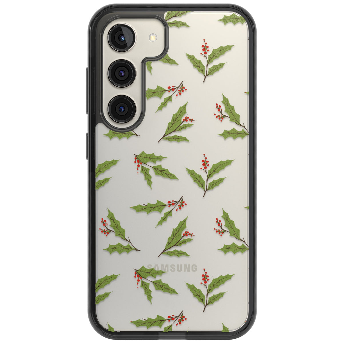 Christmas Holly Pattern Samsung S22 / Samsung S22 Plus / Samsung S23 / Samsung S23 Plus / Samsung S24 / Samsung S24 Plus Impact Black Phone Case front