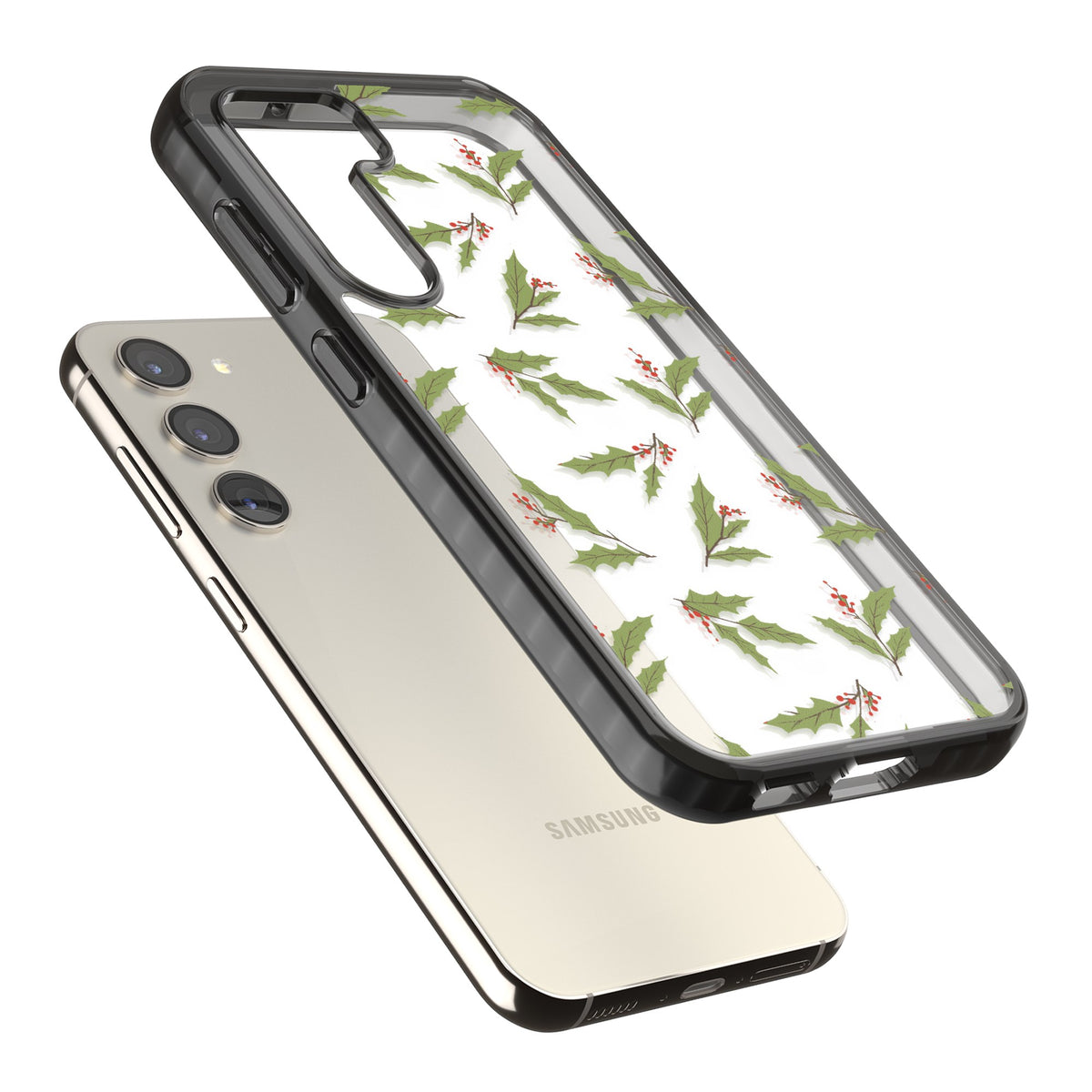 Christmas Holly Pattern Samsung S22 / Samsung S22 Plus / Samsung S23 / Samsung S23 Plus / Samsung S24 / Samsung S24 Plus Impact Black Phone Case angled