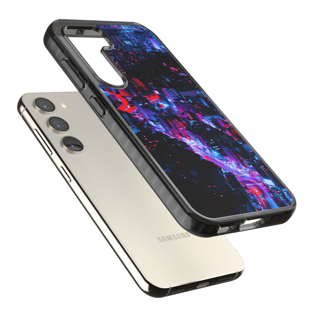 Neon Cityscape Samsung S22 / Samsung S22 Plus / Samsung S23 / Samsung S23 Plus / Samsung S24 / Samsung S24 Plus Impact Black Phone Case angled