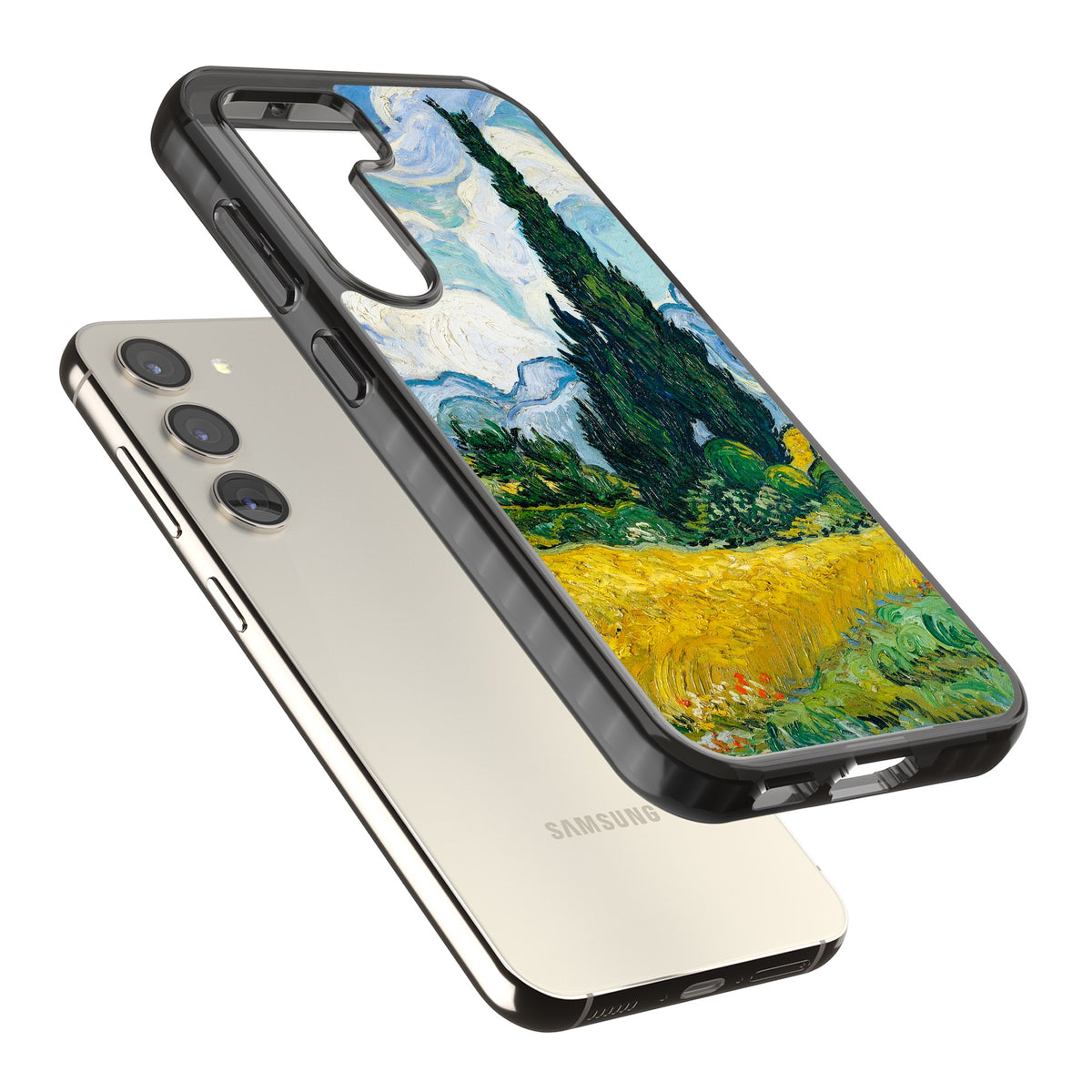 Wheat Field With Cypresses By Vincent Van Gogh Samsung S22 / Samsung S22 Plus / Samsung S23 / Samsung S23 Plus / Samsung S24 / Samsung S24 Plus Impact Black Phone Case angled