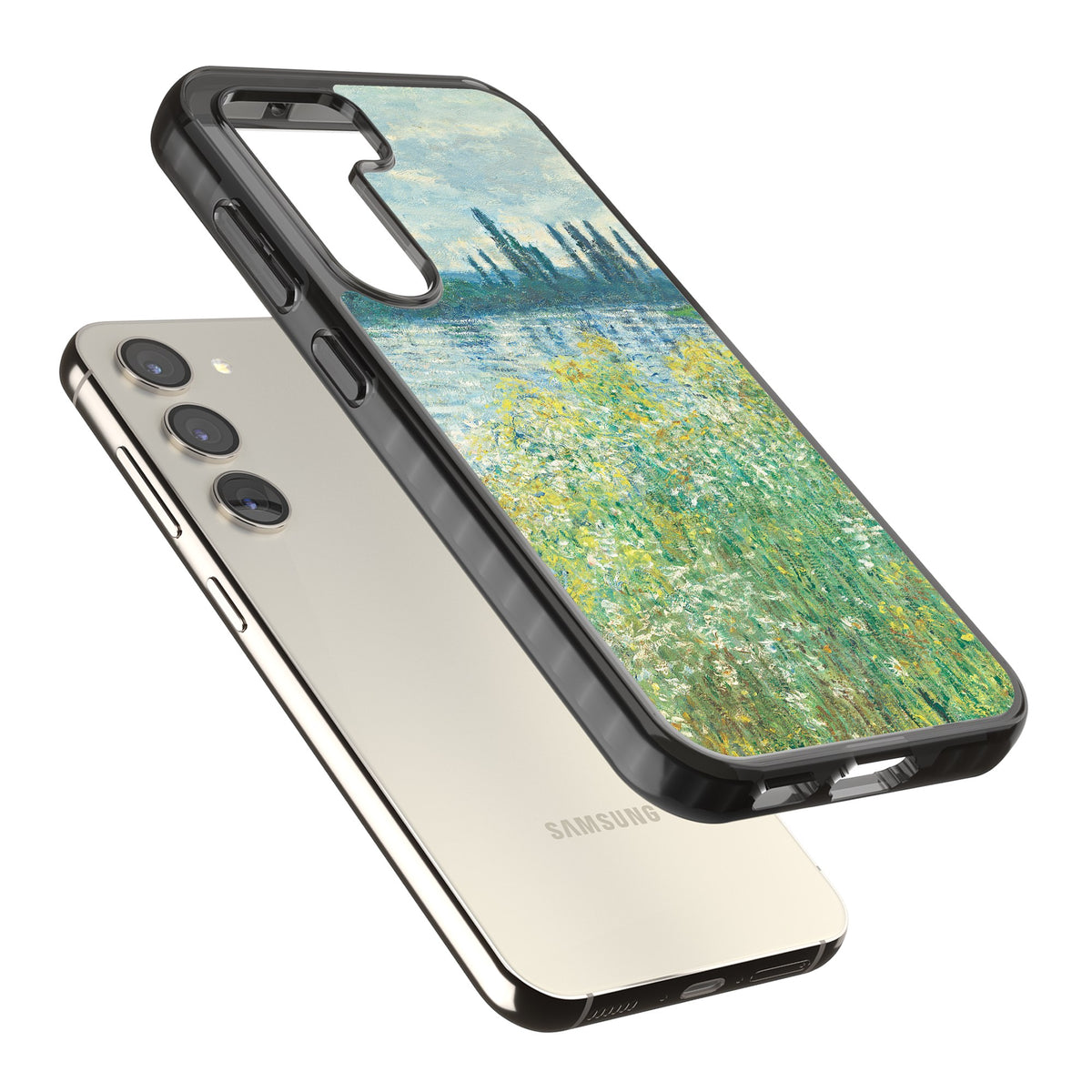 Banks Of The Seine By Claude Monet Samsung S22 / Samsung S22 Plus / Samsung S23 / Samsung S23 Plus / Samsung S24 / Samsung S24 Plus Impact Black Phone Case angled