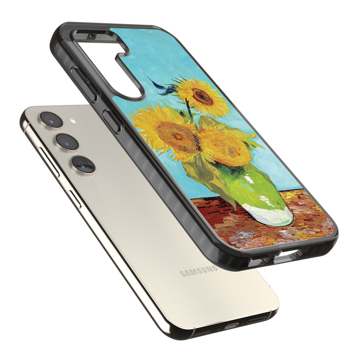 Vase With Three Sunflowers Samsung S22 / Samsung S22 Plus / Samsung S23 / Samsung S23 Plus / Samsung S24 / Samsung S24 Plus Impact Black Phone Case angled