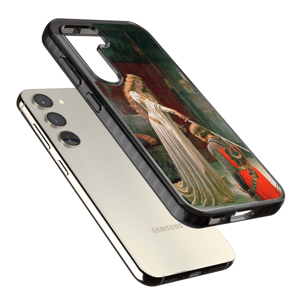The Accolade renaissance art iPhone case featuring Edmund Blair Leighton's painting of a queen knighting a kneeling knight | Black Impact case for Samsung Galaxy S24, Samsung Galaxy S23, Samsung Galaxy S22