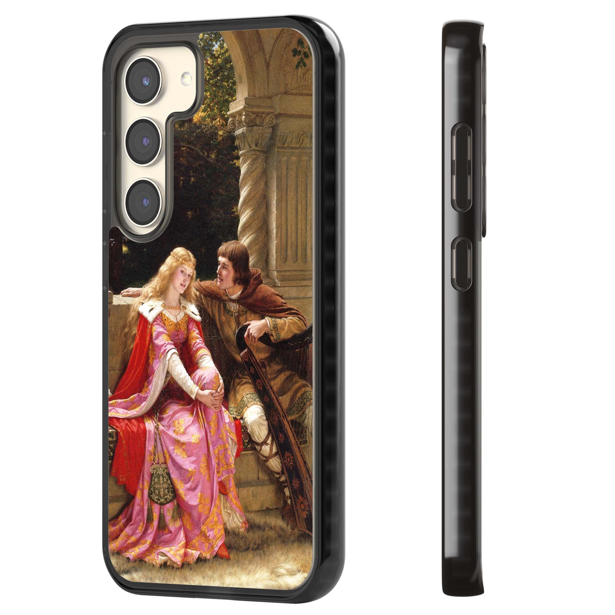 The End of the Song classic art iPhone case featuring a medieval lady in pink gown and her knight in a stone archway | Black Impact case for Samsung Galaxy S24, Samsung Galaxy S23, Samsung Galaxy S22