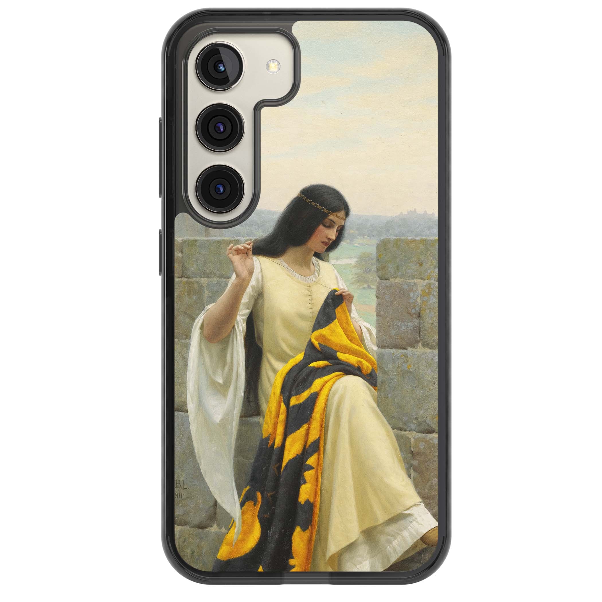 Stitching the Standard renaissance art iPhone case featuring a medieval lady sewing a golden banner on a castle wall | Black Impact case for Samsung Galaxy S24, Samsung Galaxy S23, Samsung Galaxy S22