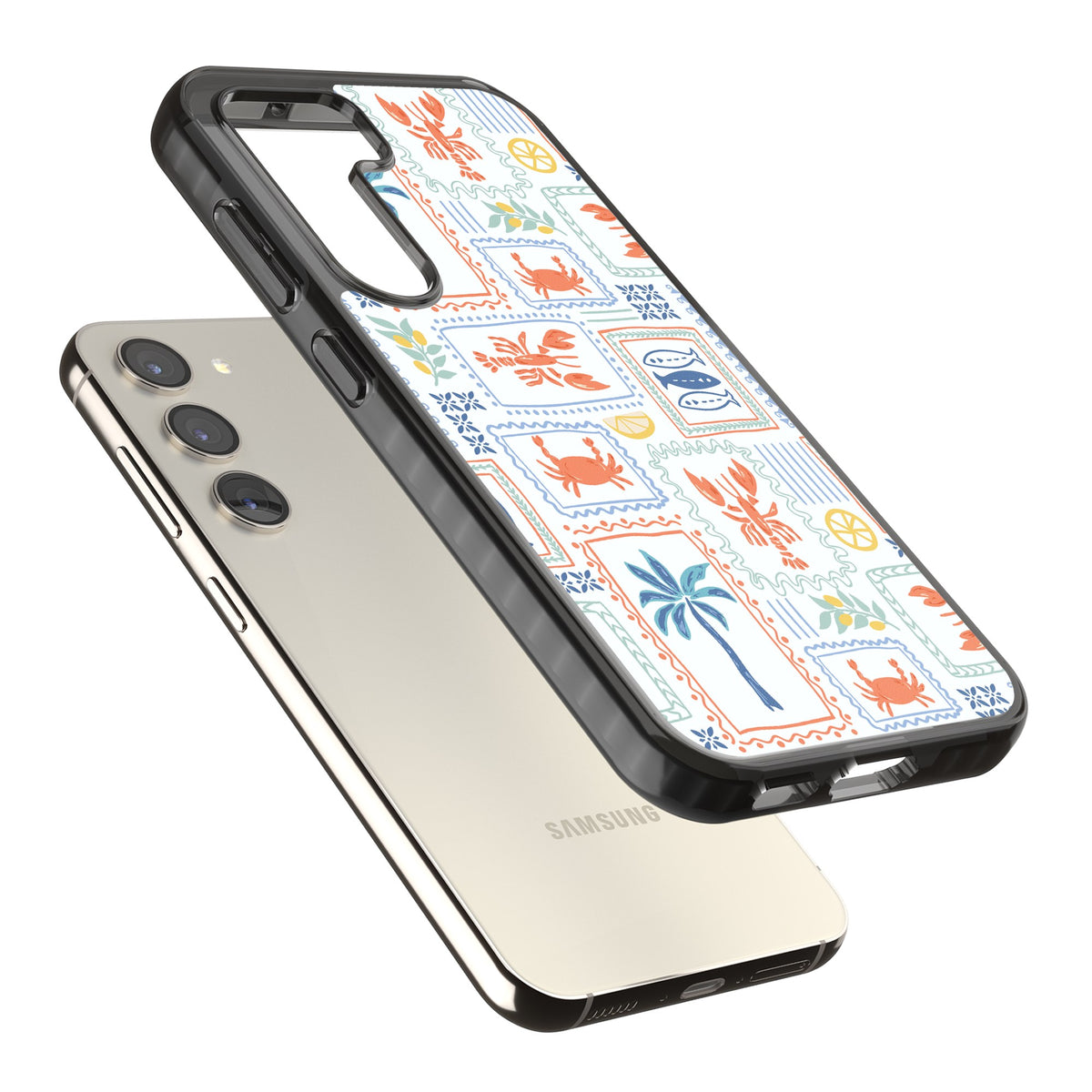 Seaside Stamps Samsung S22 / Samsung S22 Plus / Samsung S23 / Samsung S23 Plus / Samsung S24 / Samsung S24 Plus Impact Black Phone Case angled