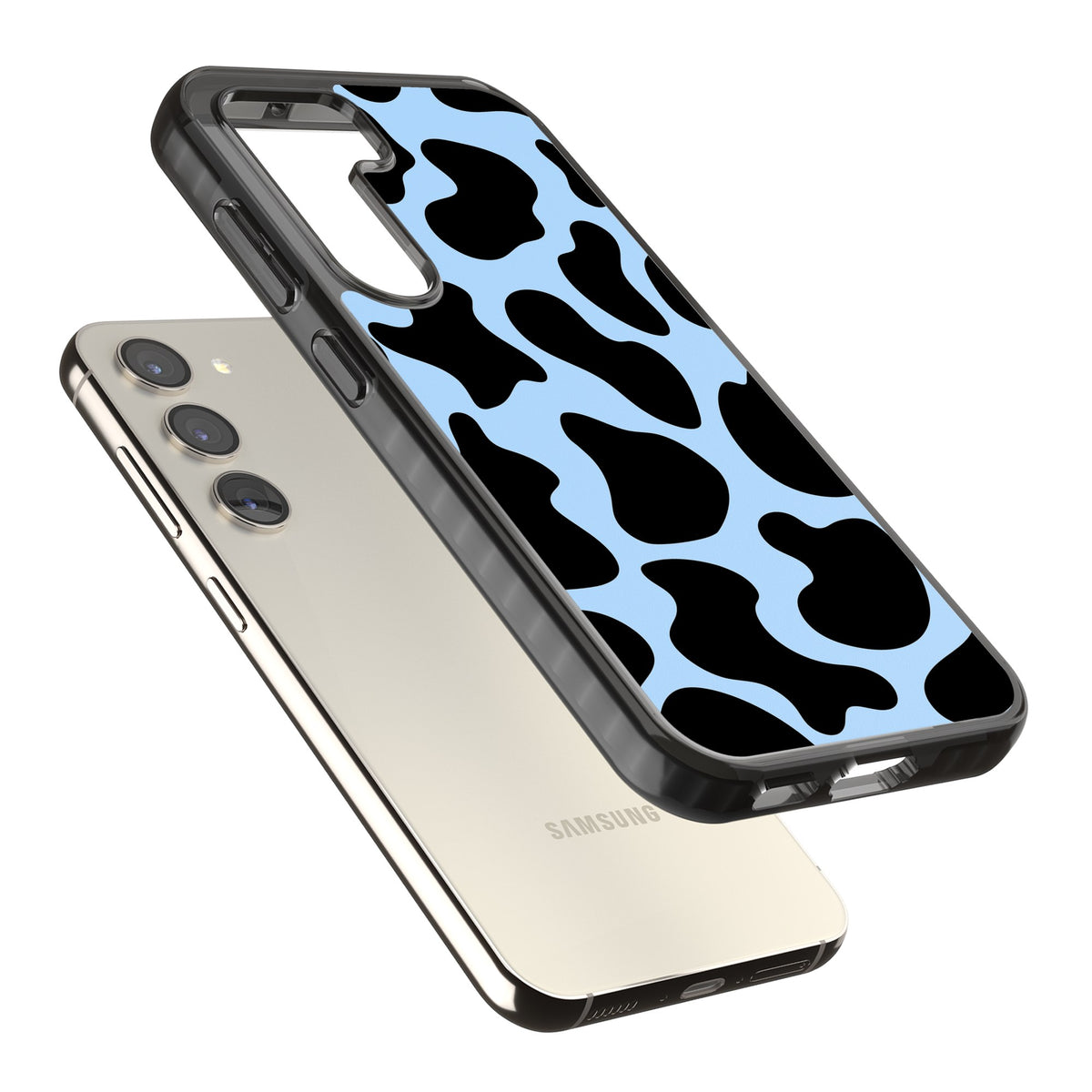 Blue And Black Cow Print Samsung S22 / Samsung S22 Plus / Samsung S23 / Samsung S23 Plus / Samsung S24 / Samsung S24 Plus Impact Black Phone Case angled