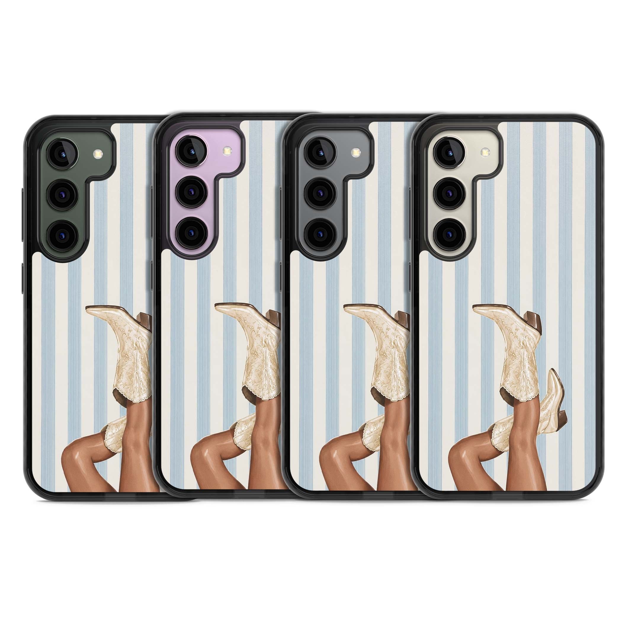 Cowgirl Boots coastal cowgirl iPhone case featuring embroidered western boots, tanned legs and a blue stripe backdrop | Black Impact case for Samsung Galaxy S24, Samsung Galaxy S23, Samsung Galaxy S22