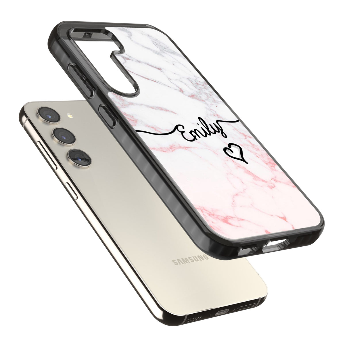 Personalised Pink Fade Marble Heart Samsung S22 / Samsung S22 Plus / Samsung S23 / Samsung S23 Plus / Samsung S24 / Samsung S24 Plus Impact Black Phone Case angled