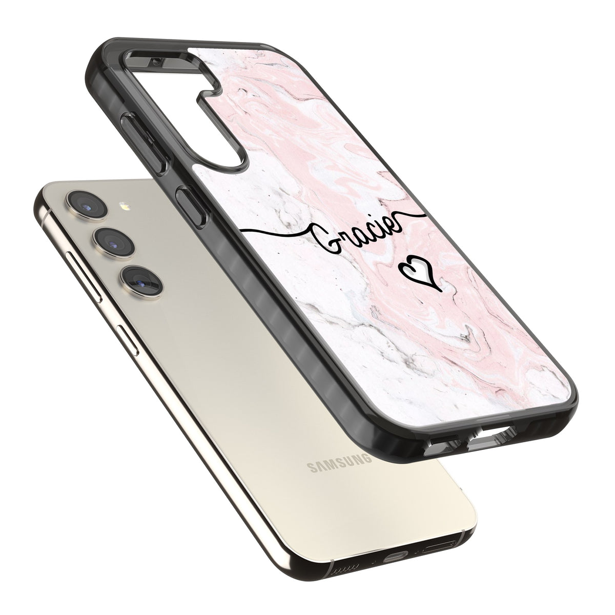 Personalised Pink Marble Samsung S22 / Samsung S22 Plus / Samsung S23 / Samsung S23 Plus / Samsung S24 / Samsung S24 Plus Impact Black Phone Case angled
