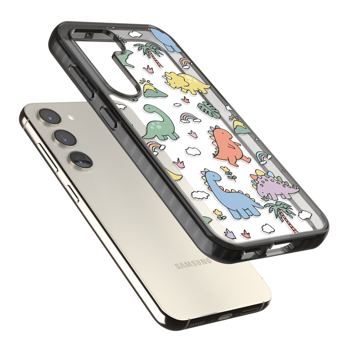 Cute Dino Pattern Samsung S22 / Samsung S22 Plus / Samsung S23 / Samsung S23 Plus / Samsung S24 / Samsung S24 Plus Impact Black Phone Case angled