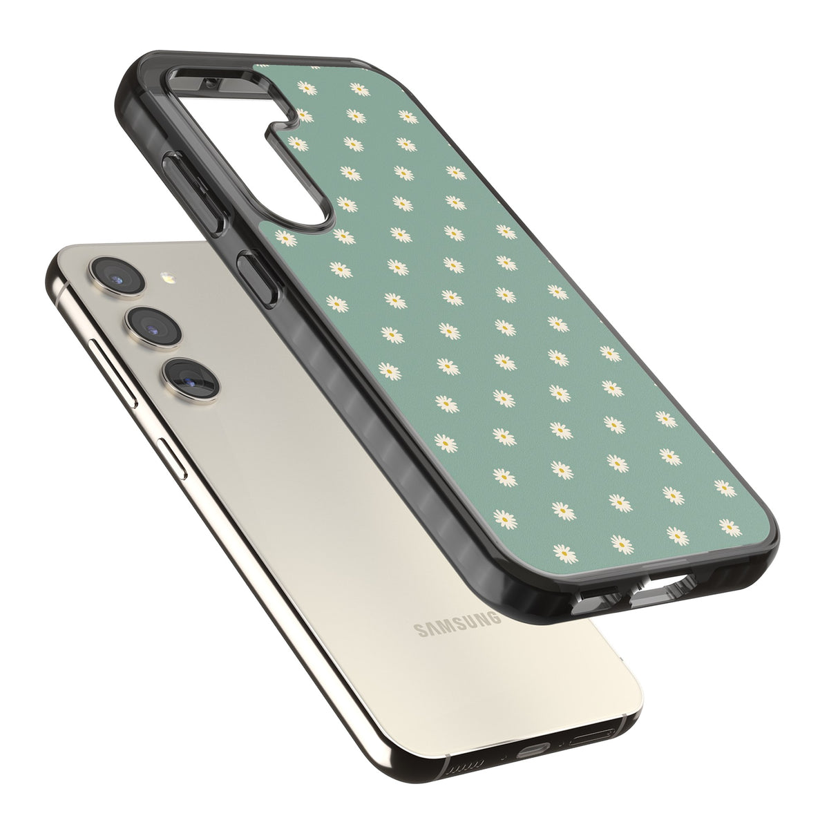 Sage Daisy Floral Samsung S22 / Samsung S22 Plus / Samsung S23 / Samsung S23 Plus / Samsung S24 / Samsung S24 Plus Impact Black Phone Case angled