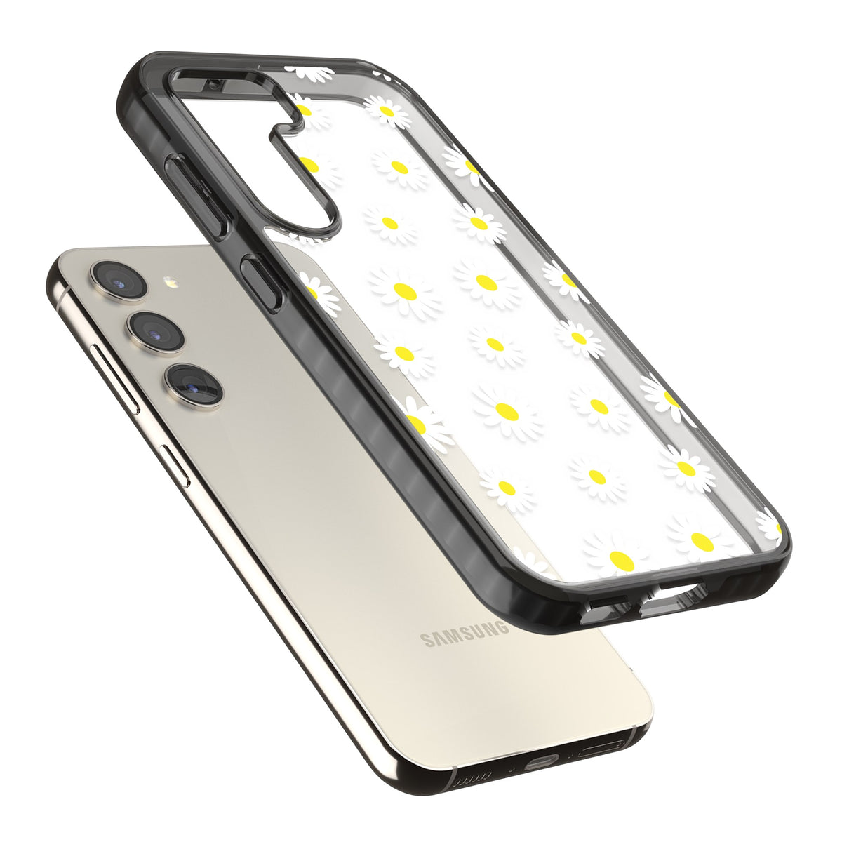 Personalised White Daisy Pattern Samsung S22 / Samsung S22 Plus / Samsung S23 / Samsung S23 Plus / Samsung S24 / Samsung S24 Plus Impact Black Phone Case angled