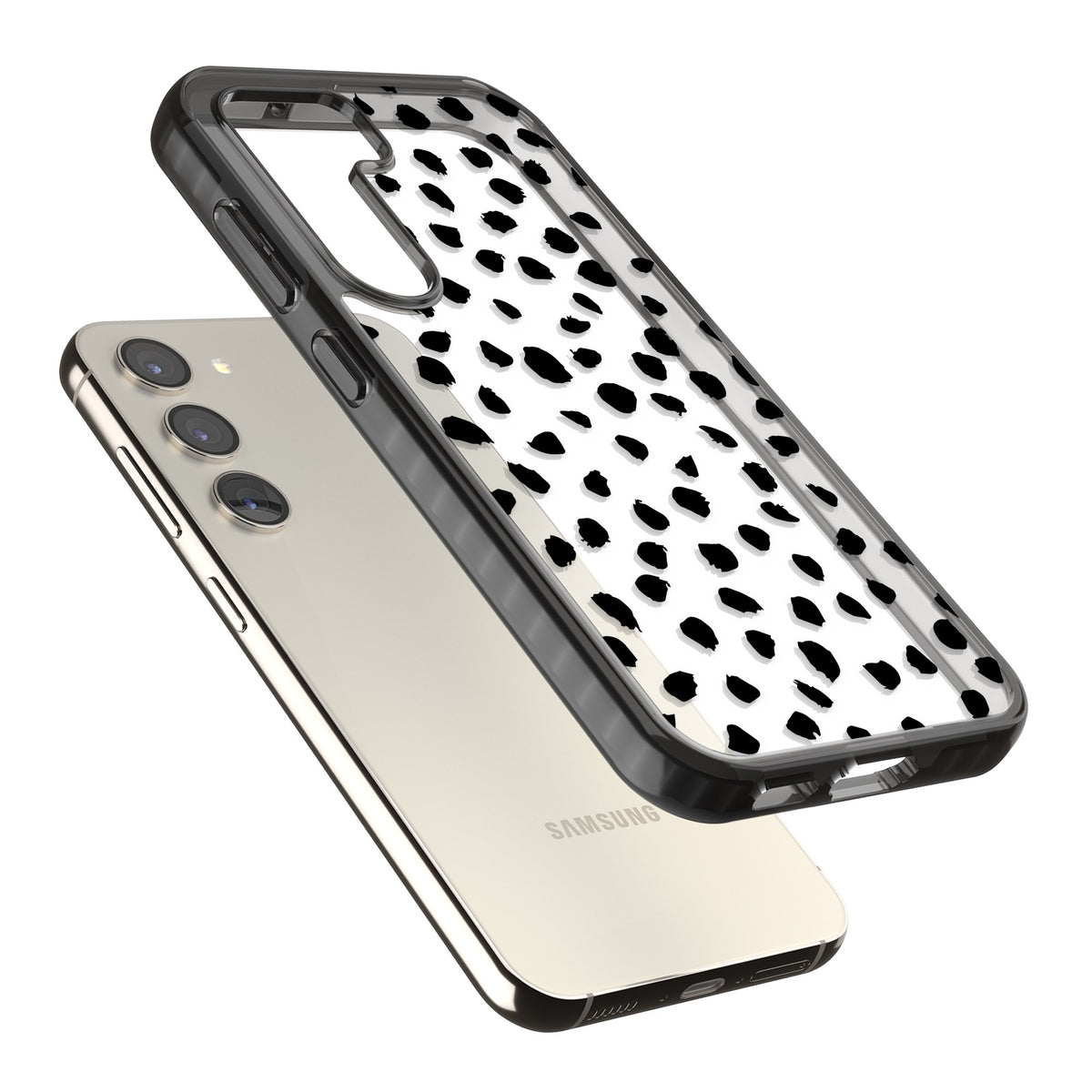 Black Dalmatian Polka Dot Samsung S22 / Samsung S22 Plus / Samsung S23 / Samsung S23 Plus / Samsung S24 / Samsung S24 Plus Impact Black Phone Case angled