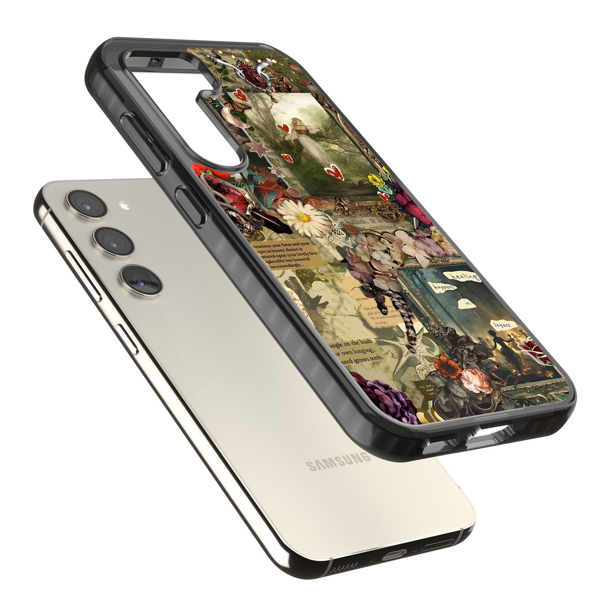 Textbook Romance Collage Samsung S22 / Samsung S22 Plus / Samsung S23 / Samsung S23 Plus / Samsung S24 / Samsung S24 Plus Impact Black Phone Case angled