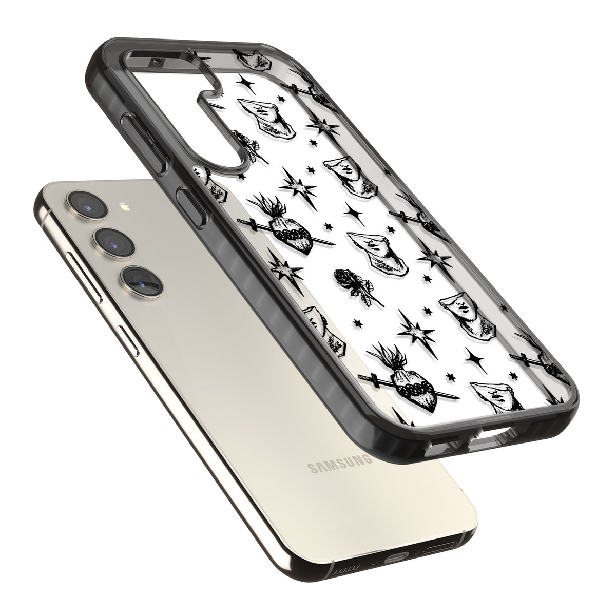 Art & Heart Pattern Samsung S22 / Samsung S22 Plus / Samsung S23 / Samsung S23 Plus / Samsung S24 / Samsung S24 Plus Impact Black Phone Case angled