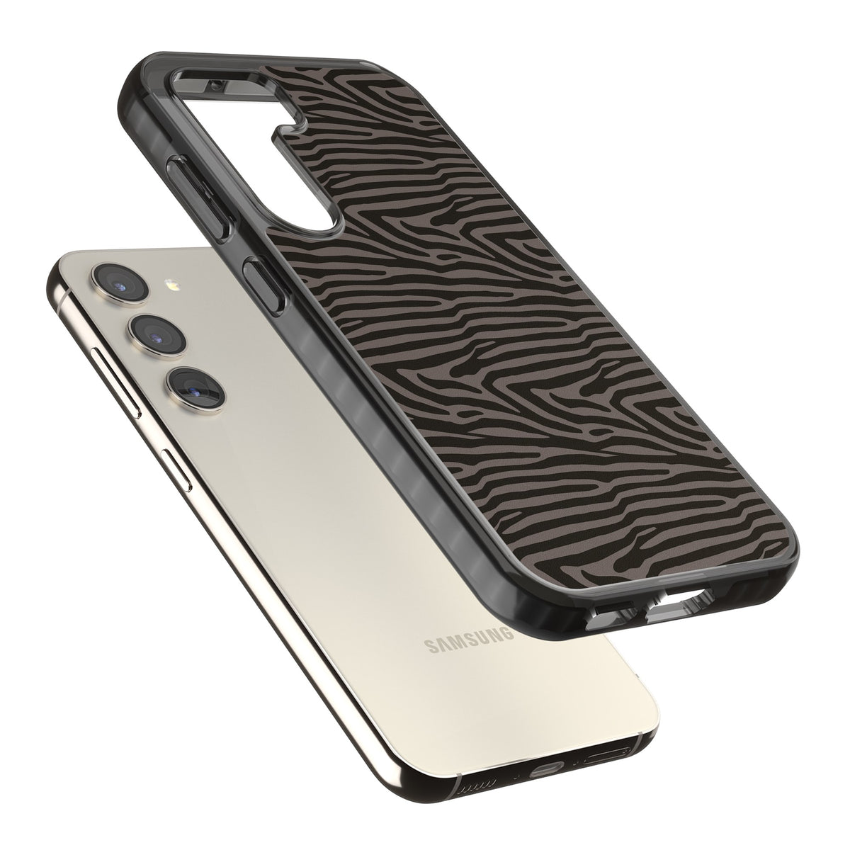 Dark Zebra Print Samsung S22 / Samsung S22 Plus / Samsung S23 / Samsung S23 Plus / Samsung S24 / Samsung S24 Plus Impact Black Phone Case angled
