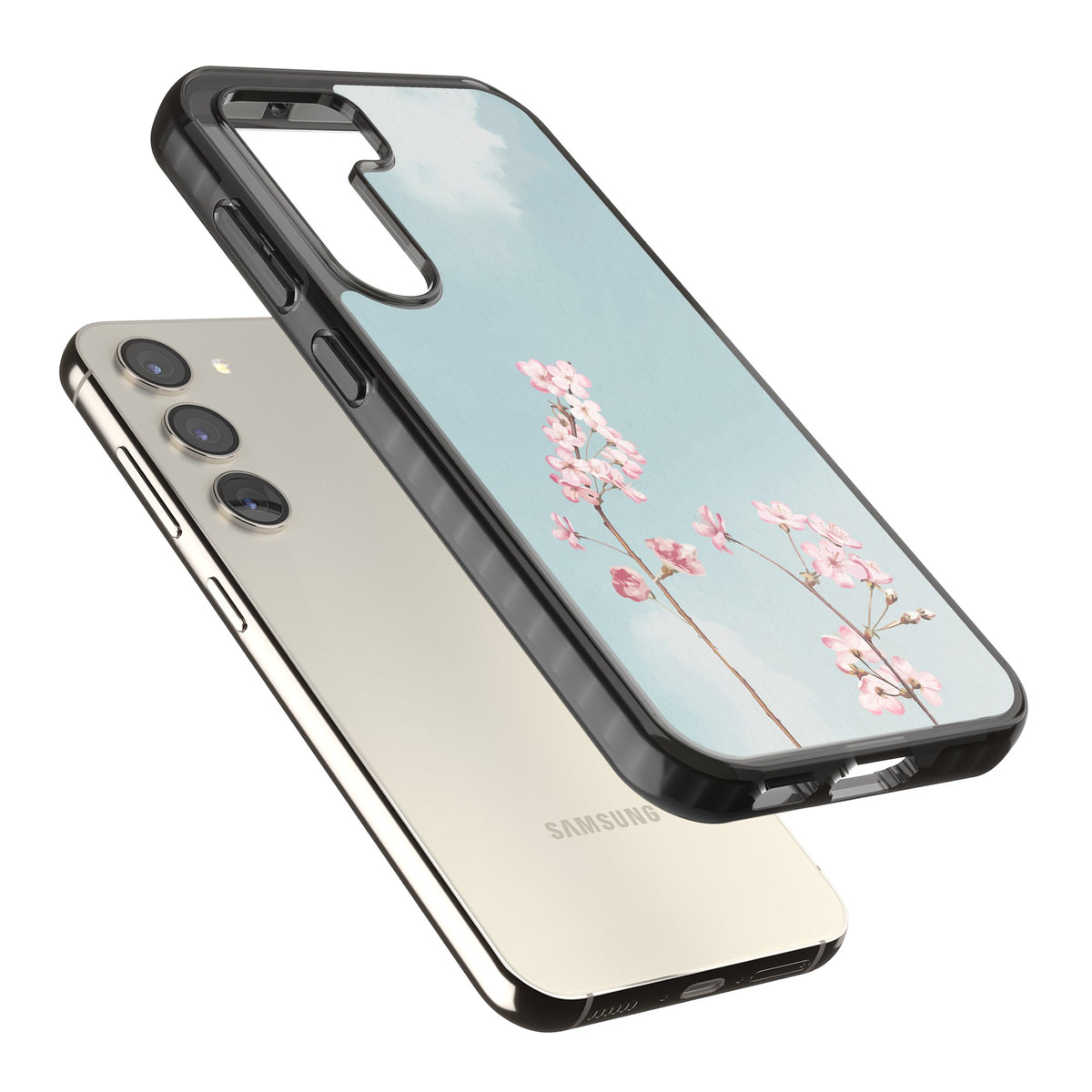 Blossom Flower Sky Samsung S22 / Samsung S22 Plus / Samsung S23 / Samsung S23 Plus / Samsung S24 / Samsung S24 Plus Impact Black Phone Case angled